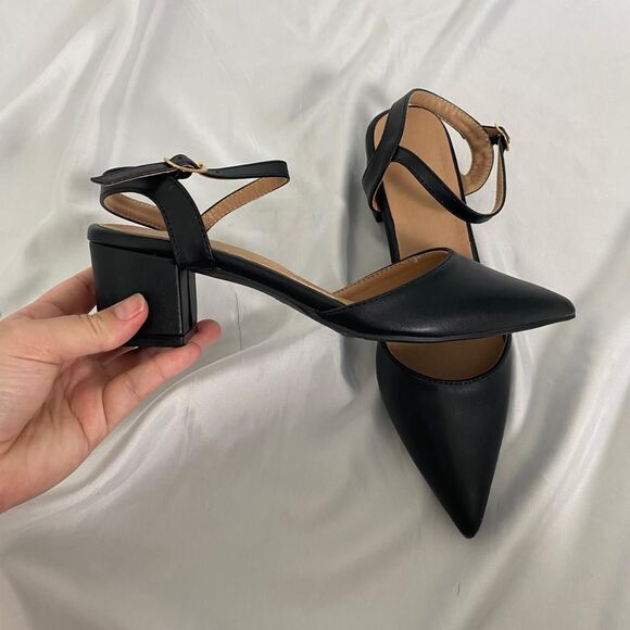 Coquette Black Faux Leather Pointy Toe Block Heel Sling Back Ballerina Heels 8.5 - Picture 2 of 6